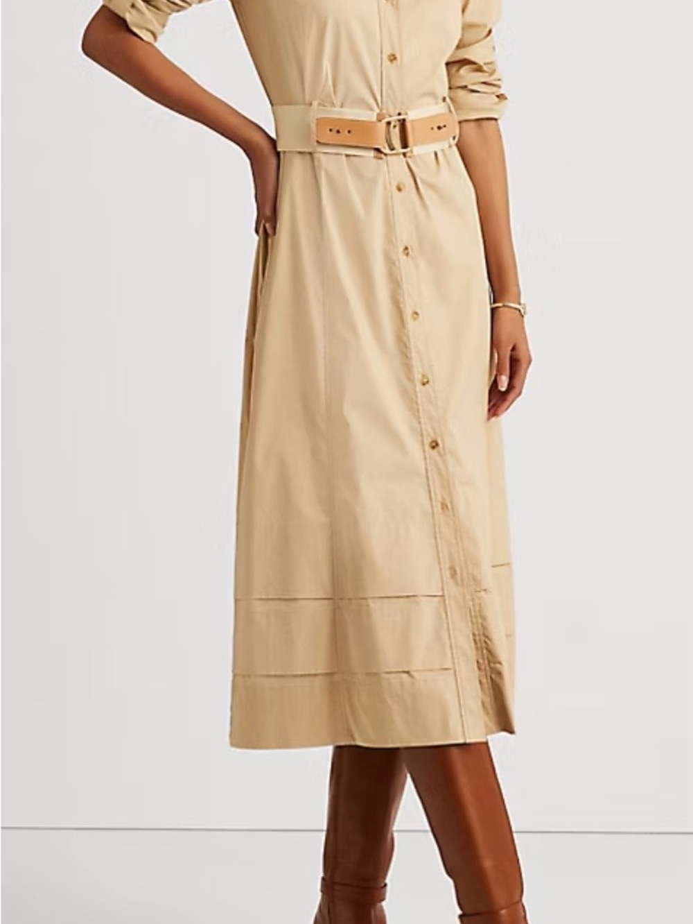 Ralph Lauren Tan Button-Front Midi Stretch Shirt Dress Size 6 NWT